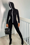 Black Casual Solid Split Joint Hooded Collar Skinny Jumpsuits