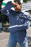 Blue Polyester O Neck Long Sleeve Solid ruffle Patchwork Blouses & Shirts