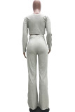 Grey Fashion Casual Adult Solid Frenulum O Neck Long Sleeve Regular Sleeve Short Two Pieces