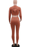 Coffee Sexy Twilled Satin Solid Hooded Collar Long Sleeve Regular Sleeve Short Two Pieces