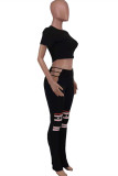 Black Fashion Sexy Print Hollowed Out O Neck Short Sleeve Two Pieces