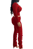 Red Fashion Street Adult Polyester Solid Split Joint U Neck Long Sleeve Regular Sleeve Short Two Pieces