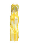 Yellow Fashion Sexy Striped Print Backless Spaghetti Strap Sling Dress