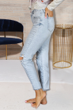 Baby Blue Casual Solid Ripped High Waist Straight Denim