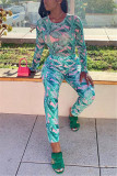 Multicolor Fashion Sexy Print See-through O Neck Long Sleeve Two Pieces