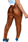 Brown PU Elastic Fly Mid Solid Draped pencil Pants Bottoms