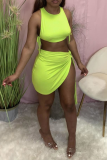 Tangerine Red Sexy Solid Patchwork U Neck Sleeveless Two Pieces