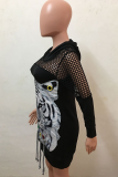 Black Sexy Print Split Joint Hooded Collar A Line Dresses