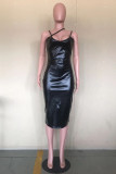 Black Sexy Solid Backless Slit V Neck Sling Dress