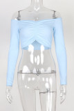 White Red Black Blue Pink Orange One word collar Long Sleeve Solid Tops