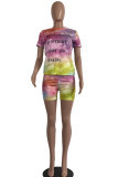 purple venetian Fashion Casual adult Ma'am Letter Patchwork Print Tie Dye Gradient Two Piece Suits Straight Short Sleeve Two Pieces