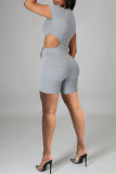Grey Fashion Sexy Solid Hollowed Out Strap Design O Neck Regular Romper