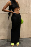 Black Fashion Sexy Solid Hollowed Out Turtleneck Sleeveless Dress