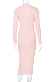 Pink Sexy Solid Split Joint High Opening Turtleneck Pencil Skirt Dresses