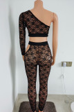 Black Fashion Sexy Solid Hollowed Out See-through One Shoulder Long Sleeve Two Pieces