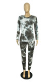 Grey Fashion Casual Print Tie-dye V Neck Long Sleeve Two Pieces