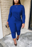 Royal Blue Casual Solid Split Joint O Neck Long Sleeve Two Pieces