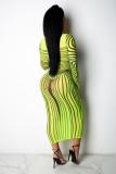 Green Polyester Fashion Sexy Cap Sleeve Long Sleeves O neck Pencil Dress Ankle-Length Print Patchwork