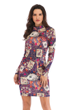 Red Fashion Sexy Cap Sleeve Long Sleeves O neck Step Skirt Knee-Length Patchwork Print