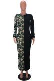 Green Casual Fashion adult Cap Sleeve Long Sleeves O neck Step Skirt Ankle-Length camouflage Pat