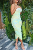 Light Green Fashion Sexy Print Tie Dye Backless Fold Halter Sleeveless Dress