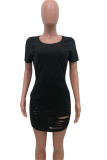 Black Sexy Short Sleeves O neck Asymmetrical Mini hole Solid hollow out asymmetrical Dresses