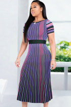 purple Casual Fashion Cap Sleeve Short Sleeves O neck A-Line Mid-Calf Print Striped Patchwork