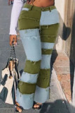 Green Denim Zipper Fly High Patchwork washing Zippered Boot Cut Pants Bottoms