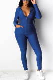 Blue Casual Sportswear Long Sleeve Hooded Collar Regular Sleeve Regular Solid Two Pieces