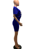 Blue venetian Fashion Sexy adult Ma'am Letter Print Two Piece Suits Straight Short Sleeve Two Pieces