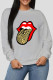 Grey O Neck Long Sleeve Patchwork Print Burn-out Lips Print Tops