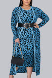 Blue Casual Print Without Belt O Neck Long Sleeve Two Pieces