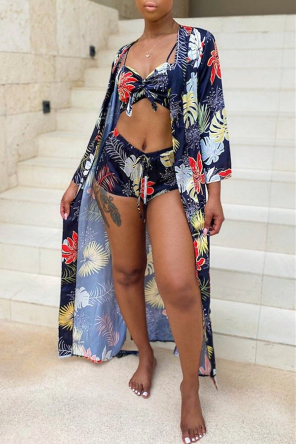 Tibetan Blue Fashion Sexy Print Basic Swimwears Three-piece Set