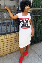 White Polyester Sexy Fashion Cap Sleeve Short Sleeves O neck Step Skirt Knee-Length Patchwork Print