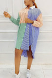 Blue Casual Striped Print Patchwork Turndown Collar Pencil Skirt Dresses