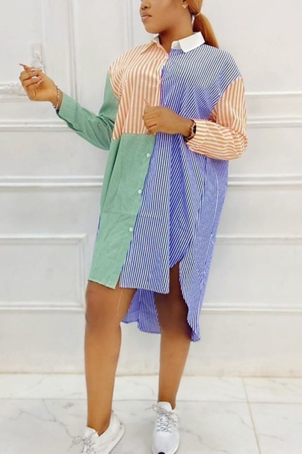 Blue Casual Striped Print Patchwork Turndown Collar Pencil Skirt Dresses