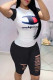 Black Fashion Casual Print Ripped O Neck Short Sleeve Two Pieces