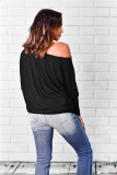 Black One Shoulder Collar Long Sleeve Striped Tees & T-shirts