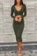Olive Green Sexy Solid Hollowed Out Split Joint V Neck Wrapped Skirt Dresses