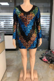 Blue Polyester Sexy V Neck Sequin Patchwork Pattern Plus Size Dresses