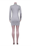 Grey Fashion Casual Solid Patchwork Half A Turtleneck A Line Dresses