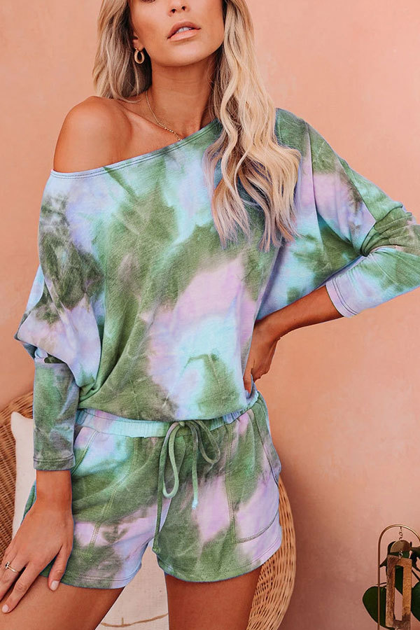 Green Fashion Casual adult Patchwork Print Tie Dye Gradient Two Piece Suits Straight Half Sleeve Two Pieces