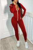 Tangerine Red Casual Solid Split Joint Hooded Collar Skinny Jumpsuits