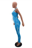 Light Blue Sexy Print Backless Strap Design Halter Skinny Jumpsuits