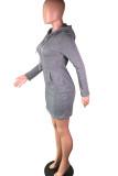 Grey Polyester Street Cap Sleeve Long Sleeves Hooded Step Skirt Knee-Length Solid