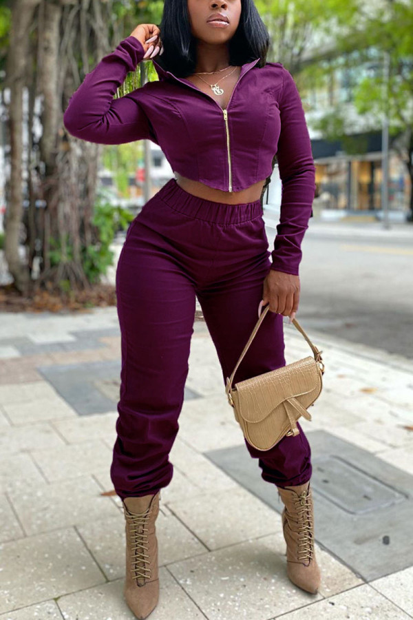 purple Fashion Casual Blends Patchwork Solid Patchwork Cardigan Pants Hooded Collar Long Sleeve Regular Sleeve Short Two Pieces