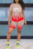 Blue Fashion Casual Letter Print Basic O Neck Short Sleeve Two Pieces