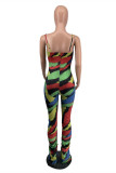 Tangerine Red Fashion Sexy Tie-dye Printed Sling Jumpsuit