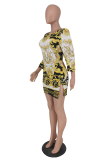 Gold Sexy Print High Opening O Neck Pencil Skirt Dresses