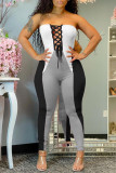 Pink Fashion Sexy Patchwork Backless Strapless Skinny Jumpsuits